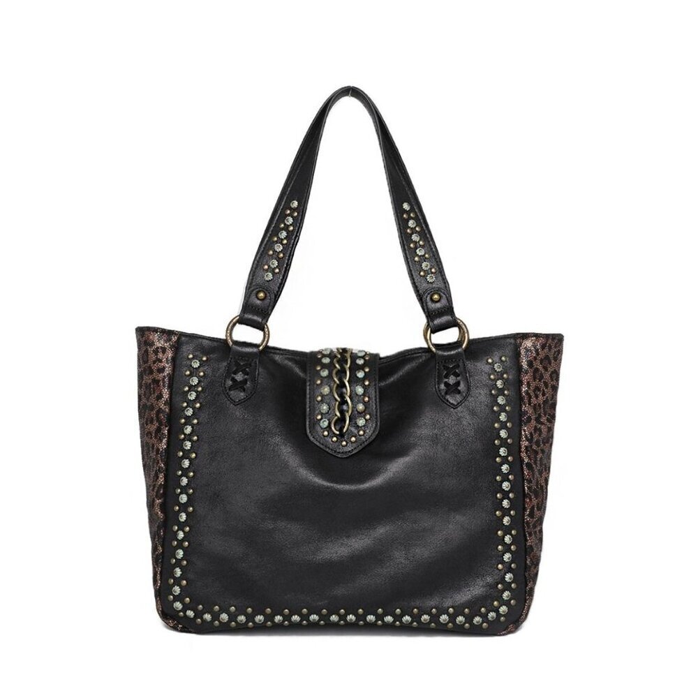 MW1058G-8317 BK Montana West Leopard Print Collection Concealed Carry Tote BLACK